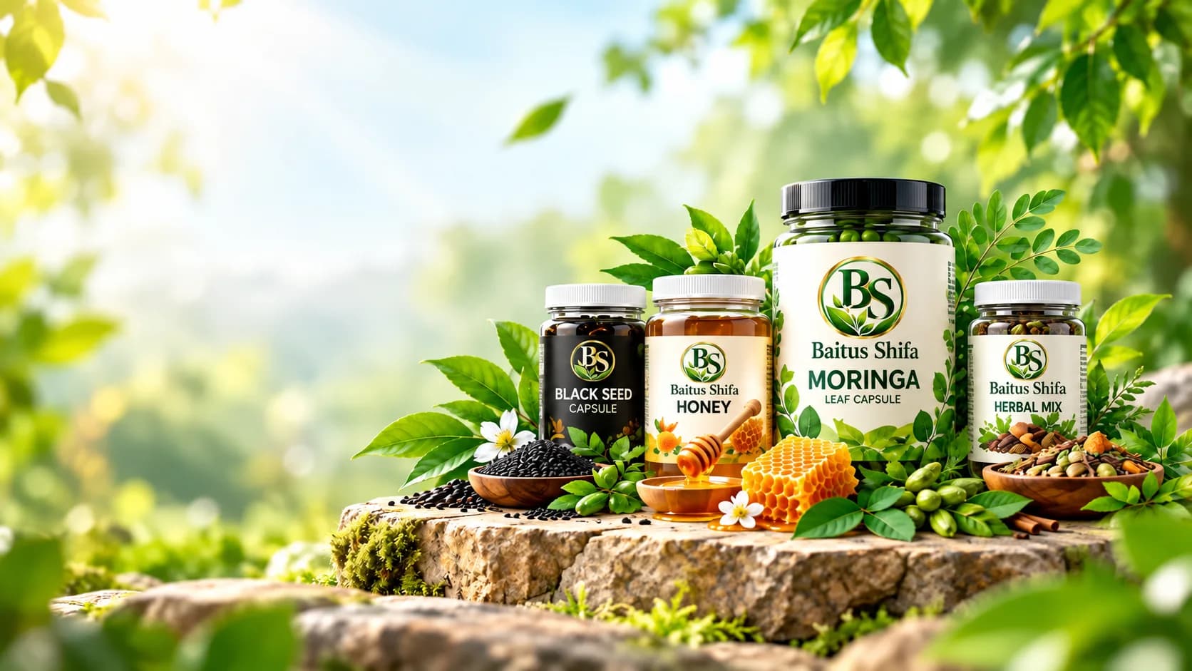 Baitus Shifa black seed, honey, moringa and herbal wellness products surrounded by natural ingredients